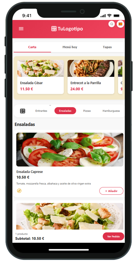Vista móvil de carta interactiva con sistema de pedidos